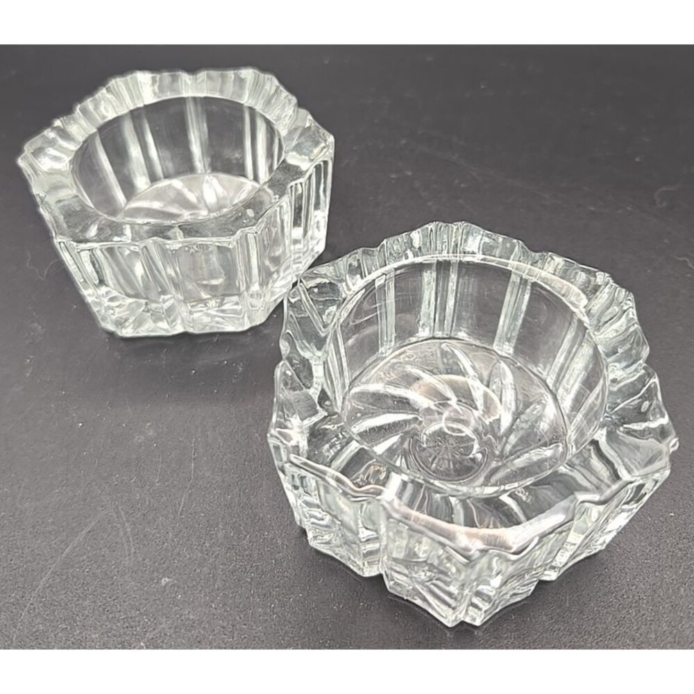 Set of 2 Clear Glass Master Salt Cellar Hexagon Votive Candleholder Vintage
